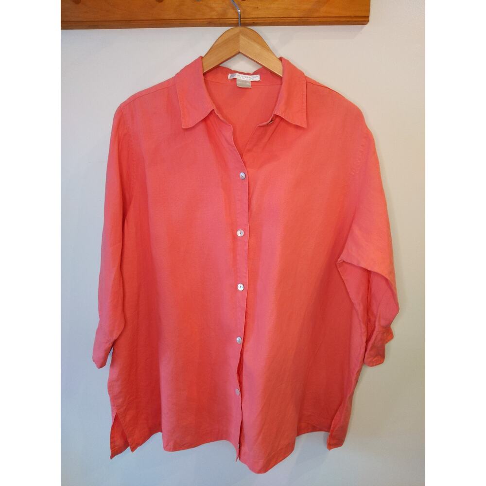 Sarah Spencer Size 1X 100% Linen Button Down Shirt Coral Pink Plus Size